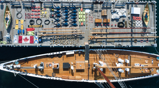 This stunning aerial view captures the Bluenose II alongside a dock