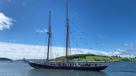 A traditional sailing ship sails on calm waters